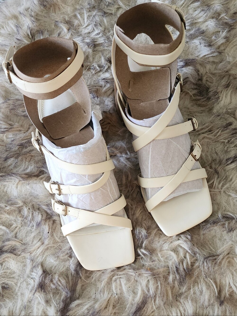 Nine West Cream Multi-Strap Block Heel Sandals